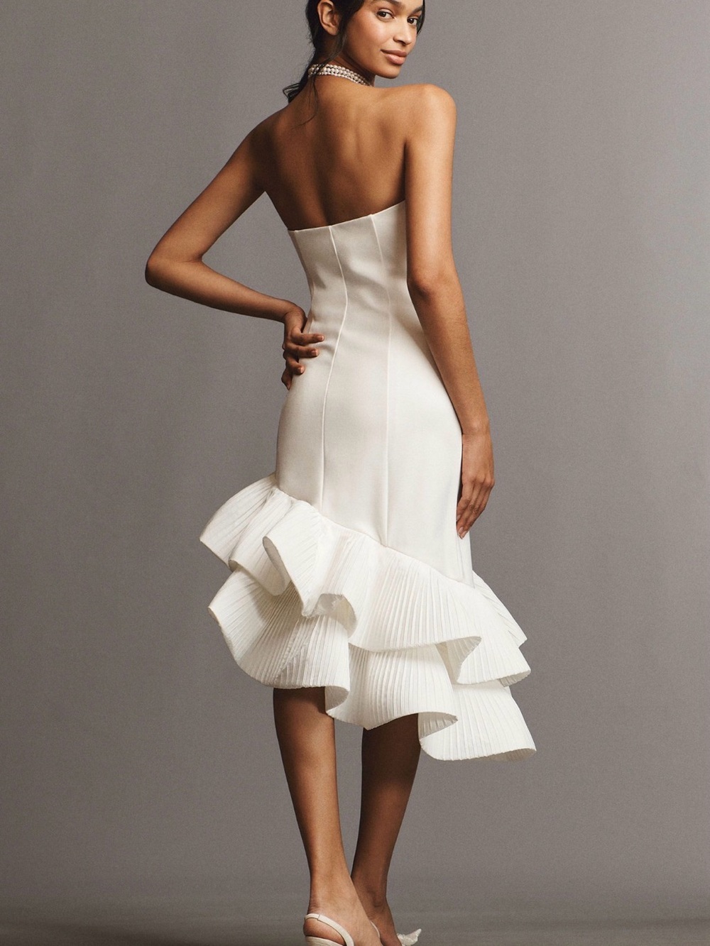 BHLDN Ivory Strapless Midi Dress with Pleated Ruffle Hem - Picture 2 of 7